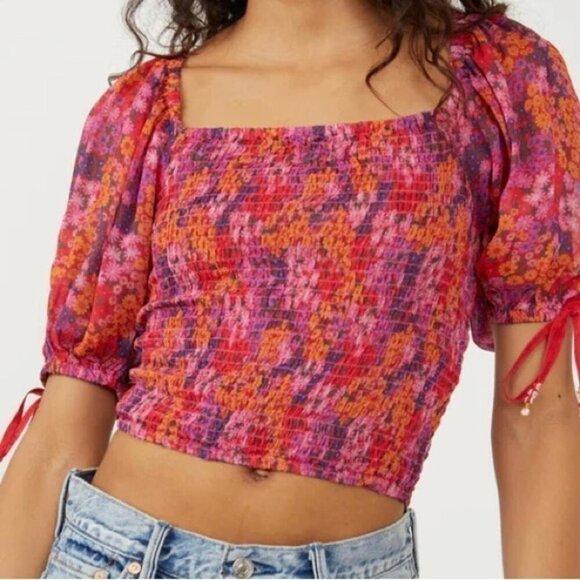 Fairycore Crop Top Smocked Puff Sleeve Vibrant Floral XL - Picture 1 of 11